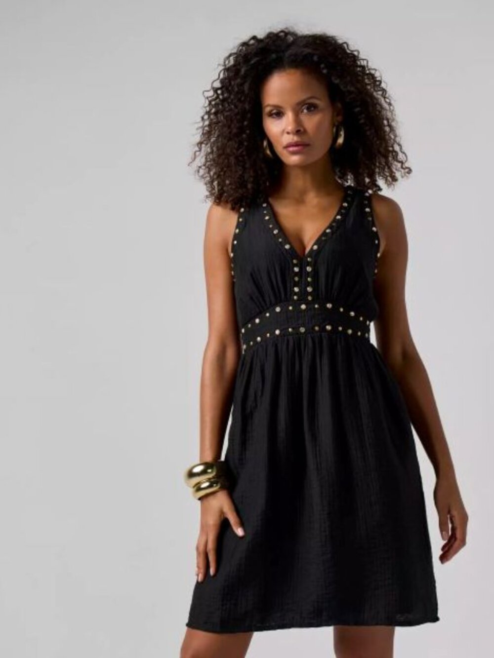 NWT Boston Proper Black Sleeveless V-Neck Mini Dress with Gold Studs